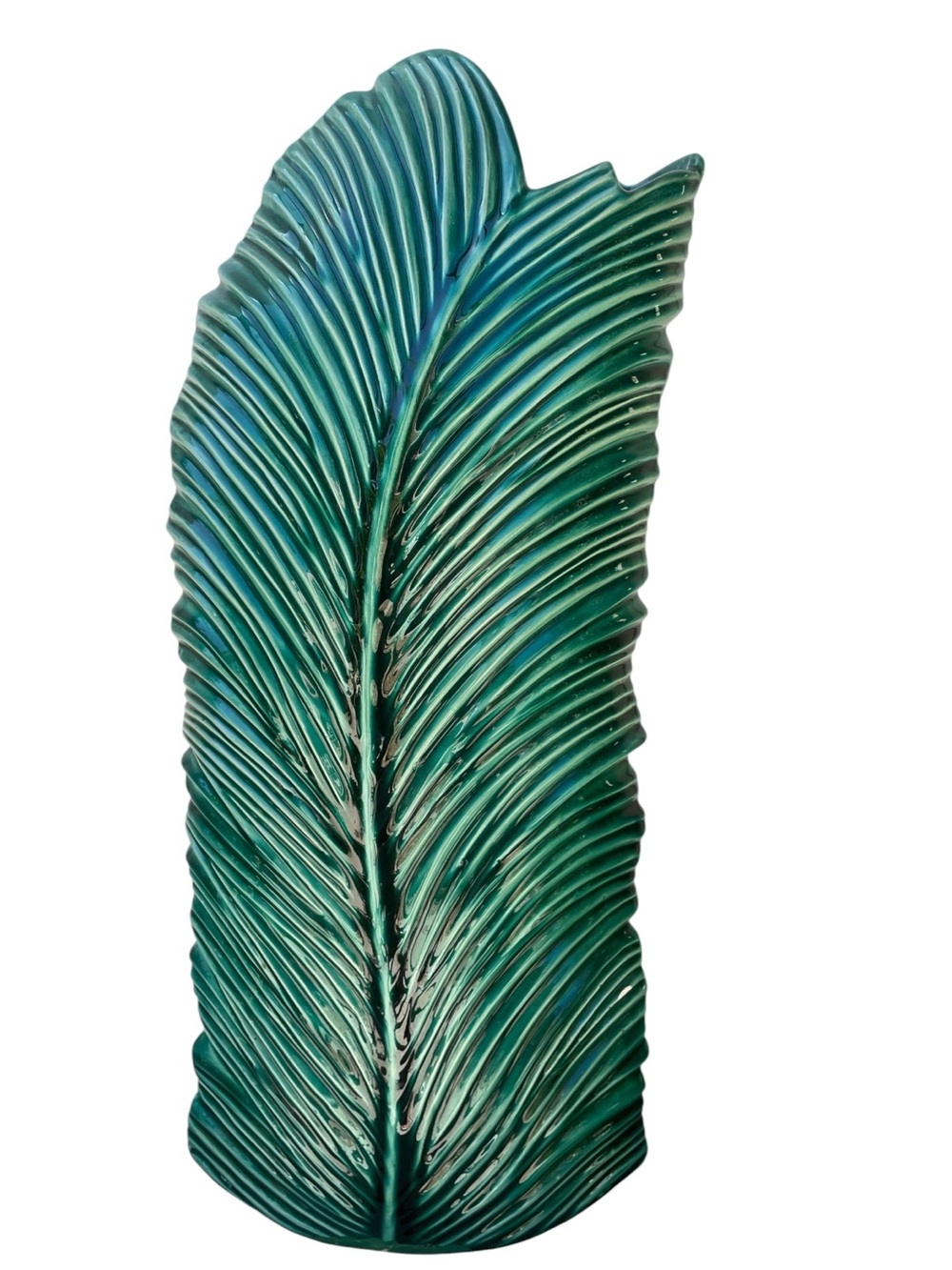 Tropical Emerald Green Ceramic Banana Leaf Statement Vase Modern Boho 25"